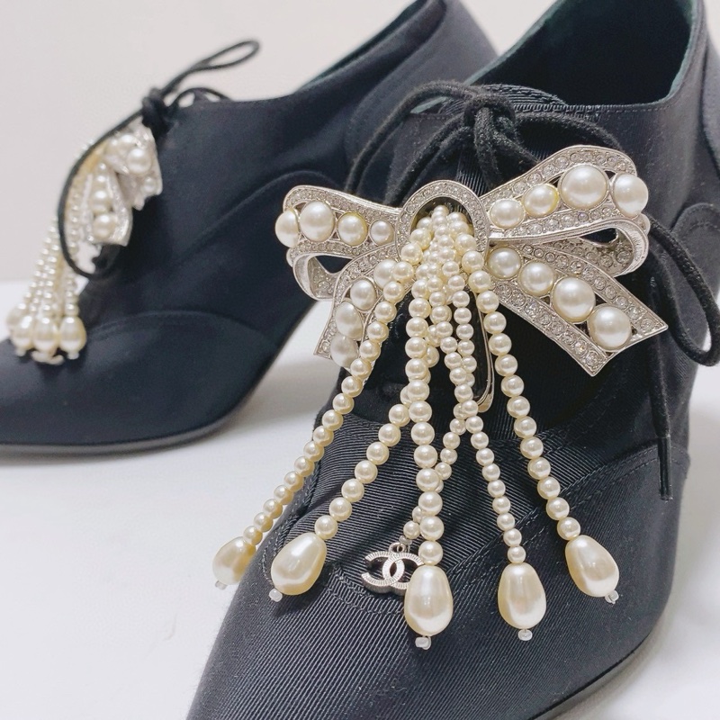 99新Chanel香奈兒黑色珍珠蝴蝶結女士高跟鞋37碼，無附件-4