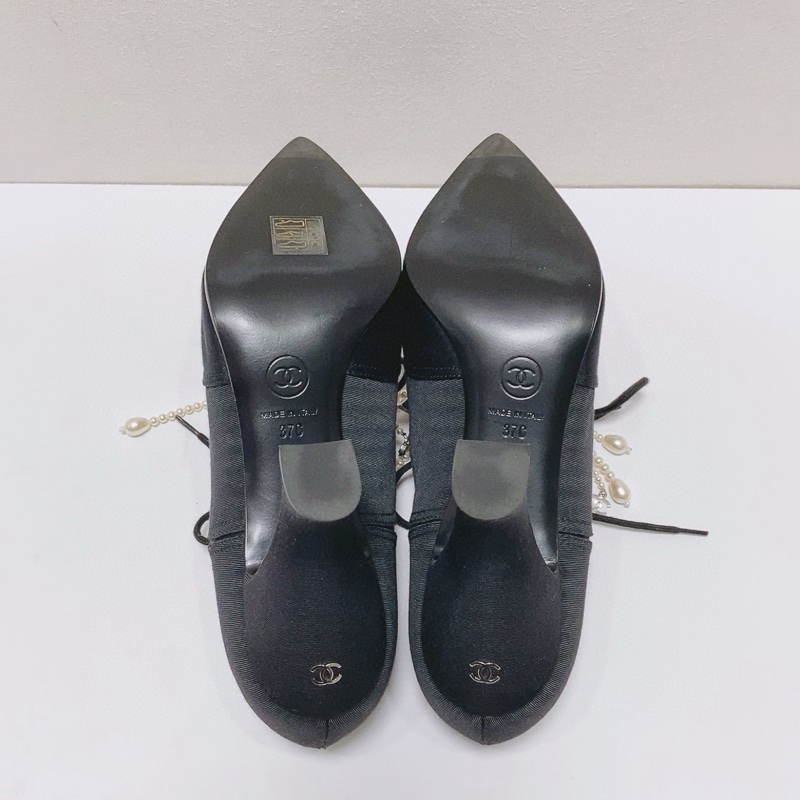 99新Chanel香奈兒黑色珍珠蝴蝶結女士高跟鞋37碼，無附件-6