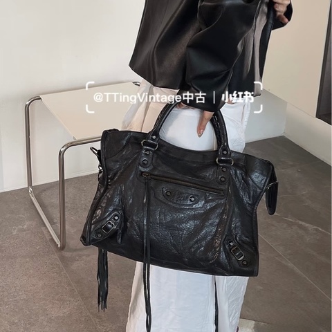 Balenciaga 巴黎世家黑色牛皮 Le City中號機車包 黑金釦手提斜背包