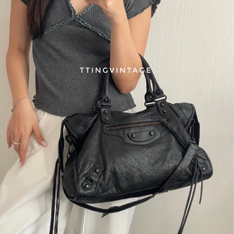 Balenciaga 巴黎世家黑色牛皮 Le City中號機車包 黑金釦手提斜背包-6