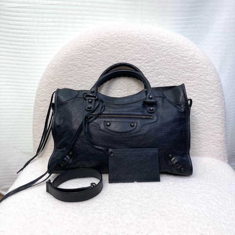 Balenciaga 巴黎世家黑色牛皮 Le City中號機車包 黑金釦手提斜背包-10