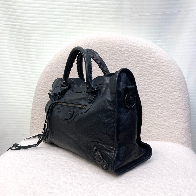 Balenciaga 巴黎世家黑色牛皮 Le City中號機車包 黑金釦手提斜背包-11