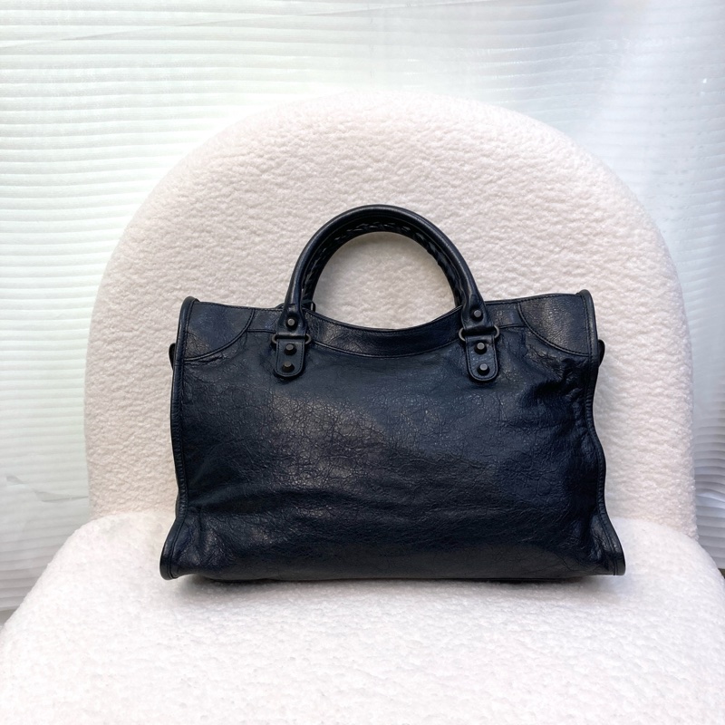 Balenciaga 巴黎世家黑色牛皮 Le City中號機車包 黑金釦手提斜背包-13