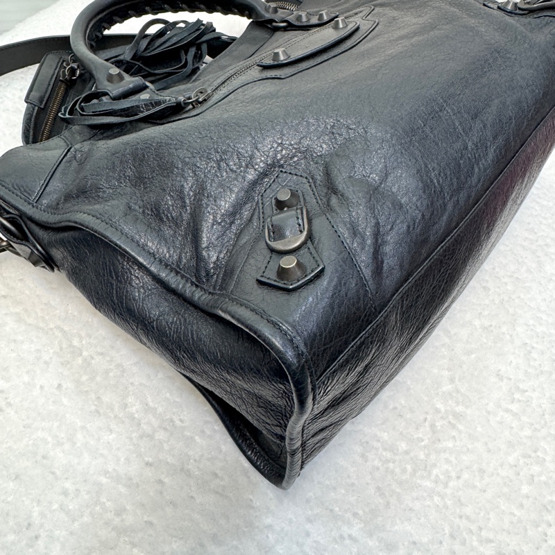 Balenciaga 巴黎世家黑色牛皮 Le City中號機車包 黑金釦手提斜背包-20