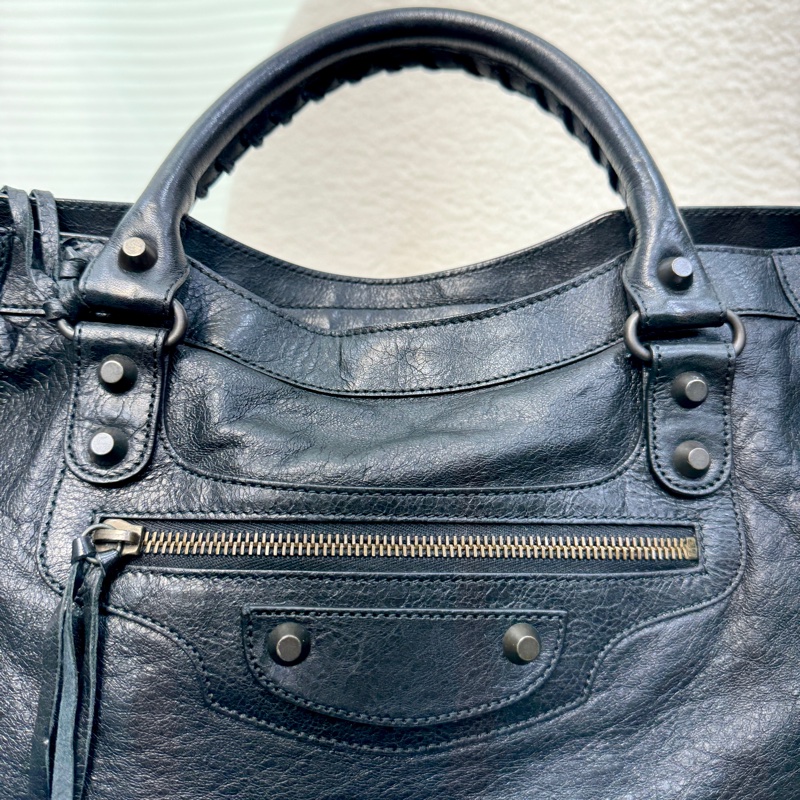 Balenciaga 巴黎世家黑色牛皮 Le City中號機車包 黑金釦手提斜背包-27