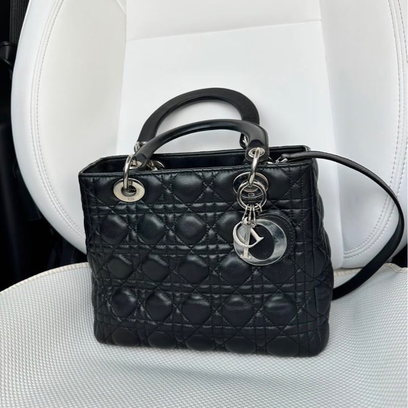 「JL精品代購」98新 Dior lady dior五格戴妃 海軍藍（接近黑）銀-0