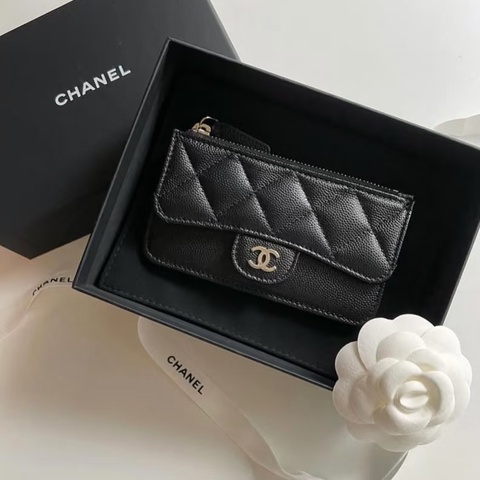全新全配❤️晶片款❤️ 香奈兒 #黑金 #荔枝皮 CF #零錢包 #卡包
