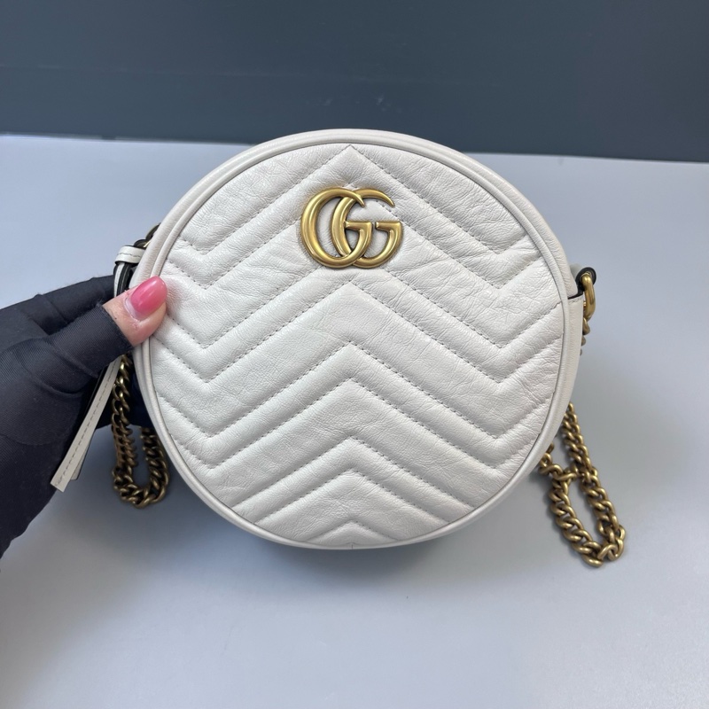 Gucci古馳 白色牛皮marmont圓餅鏈條包 尺寸18*18*6-0