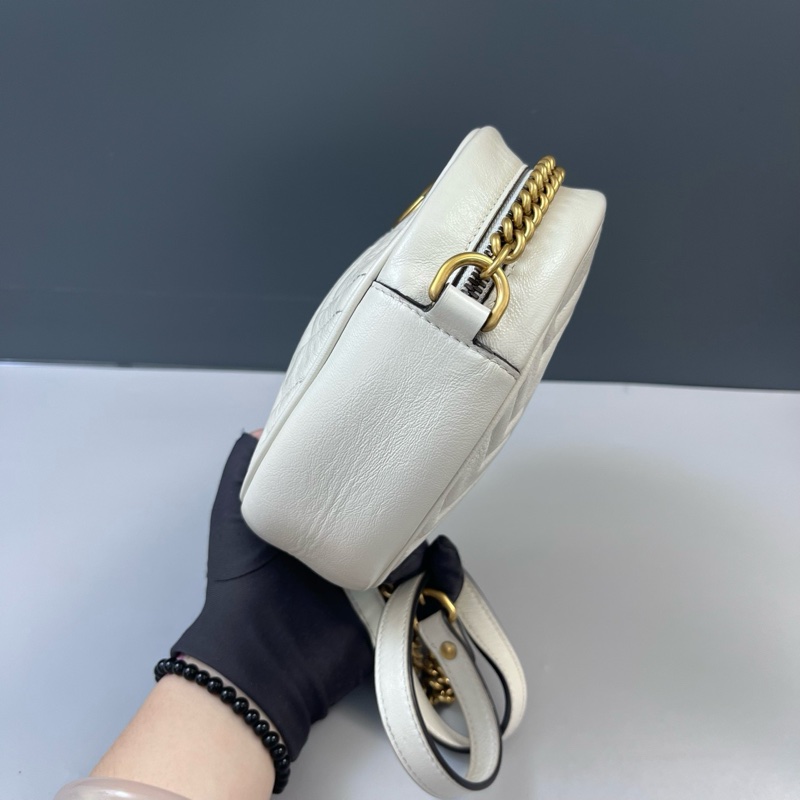 Gucci古馳 白色牛皮marmont圓餅鏈條包 尺寸18*18*6-3