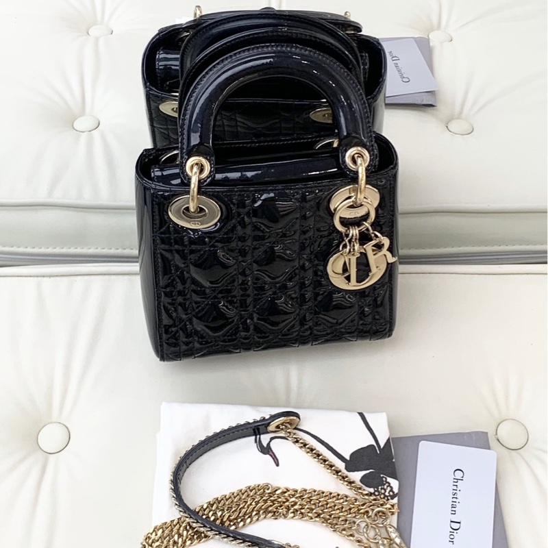 S級 99成新 Dior 戴妃Lady系列黑色金扣漆皮三格單肩斜挎包-0