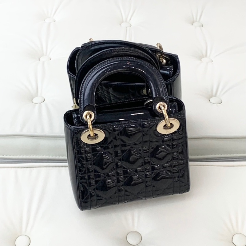 S級 99成新 Dior 戴妃Lady系列黑色金扣漆皮三格單肩斜挎包-1