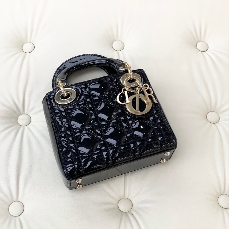 S級 99成新 Dior 戴妃Lady系列黑色金扣漆皮三格單肩斜挎包-2