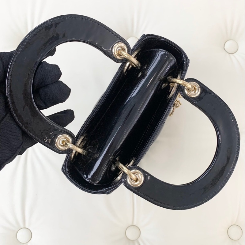 S級 99成新 Dior 戴妃Lady系列黑色金扣漆皮三格單肩斜挎包-3