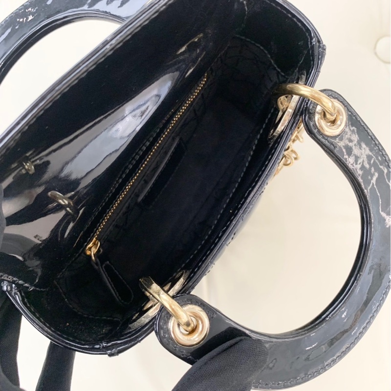 S級 99成新 Dior 戴妃Lady系列黑色金扣漆皮三格單肩斜挎包-4