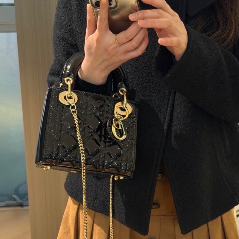 S級 99成新 Dior 戴妃Lady系列黑色金扣漆皮三格單肩斜挎包-5