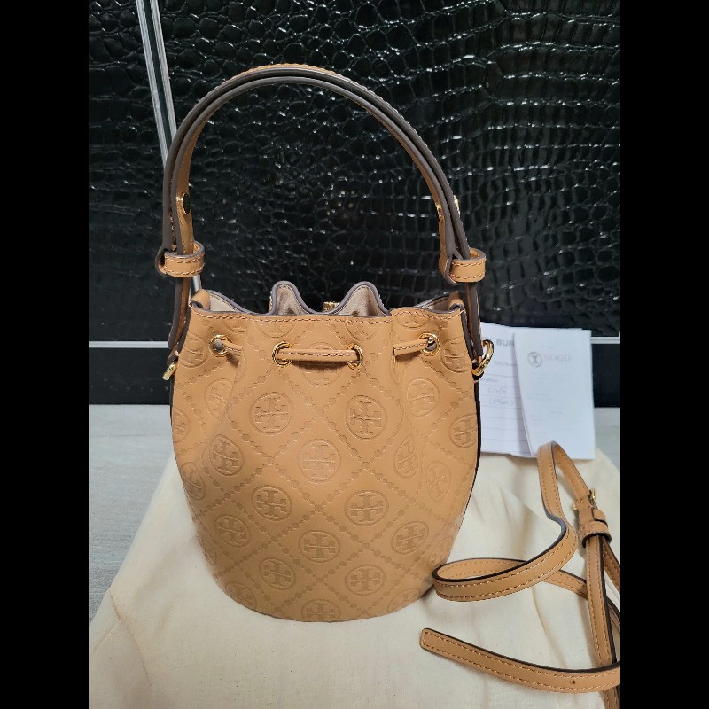 正品 Tory Burch 水桶包水桶袋 Monogram Leather Mini Bucket Bag-4