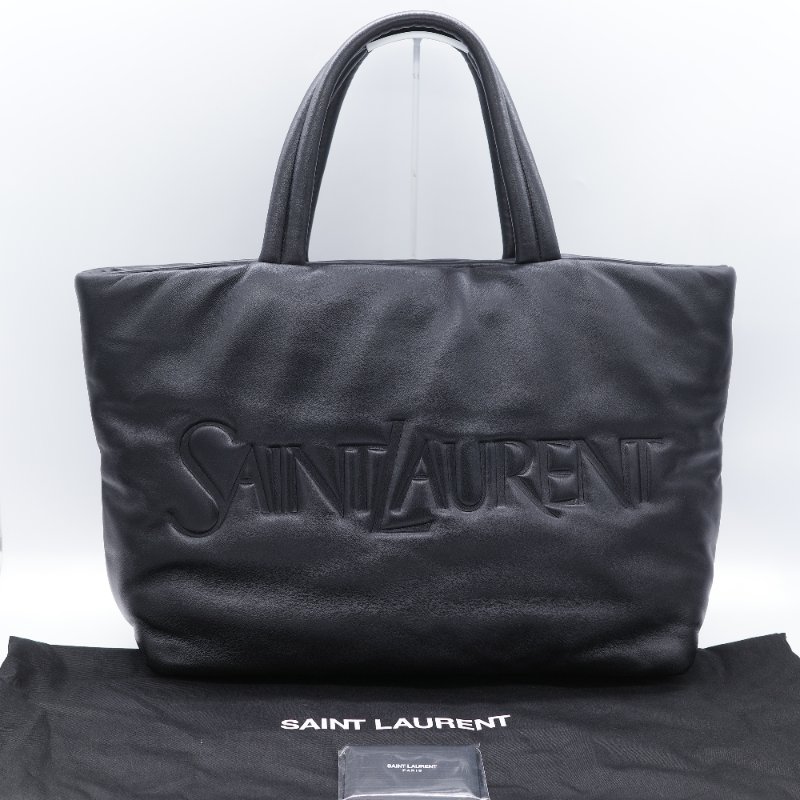 Saint Laurent 聖羅蘭 Puffer logo 黑色 壓花羊皮 托特包 肩背包-1