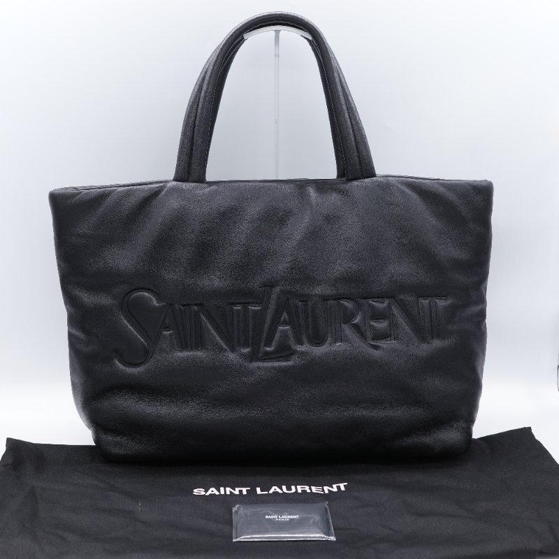 Saint Laurent 聖羅蘭 Puffer logo 黑色 壓花羊皮 托特包 肩背包-2