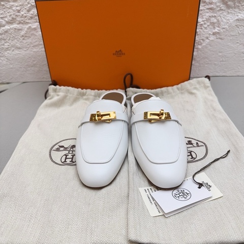 閒置新 未使用Hermes/愛馬仕kelly金扣b刻 白色半拖鞋37碼 配件塵袋 包裝盒