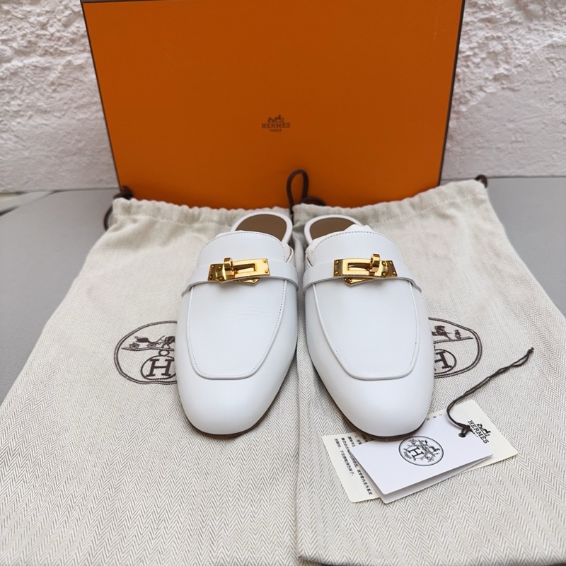 閒置新 未使用Hermes/愛馬仕kelly金扣b刻 白色半拖鞋37碼 配件塵袋 包裝盒-0