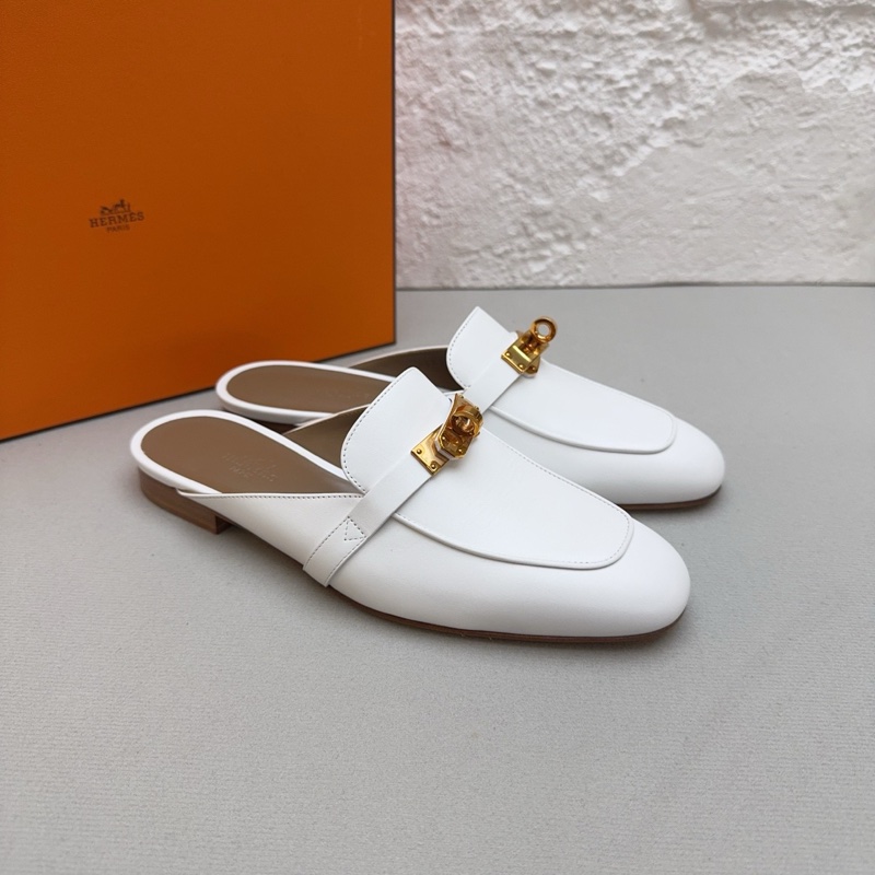 閒置新 未使用Hermes/愛馬仕kelly金扣b刻 白色半拖鞋37碼 配件塵袋 包裝盒-1