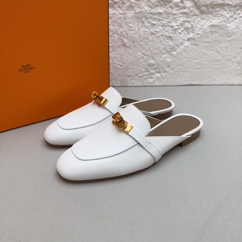 閒置新 未使用Hermes/愛馬仕kelly金扣b刻 白色半拖鞋37碼 配件塵袋 包裝盒-2