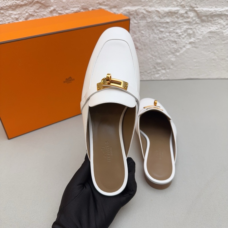 閒置新 未使用Hermes/愛馬仕kelly金扣b刻 白色半拖鞋37碼 配件塵袋 包裝盒-4