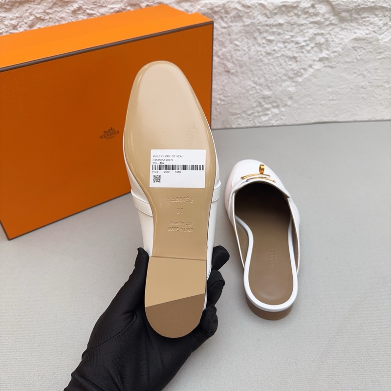 閒置新 未使用Hermes/愛馬仕kelly金扣b刻 白色半拖鞋37碼 配件塵袋 包裝盒-5