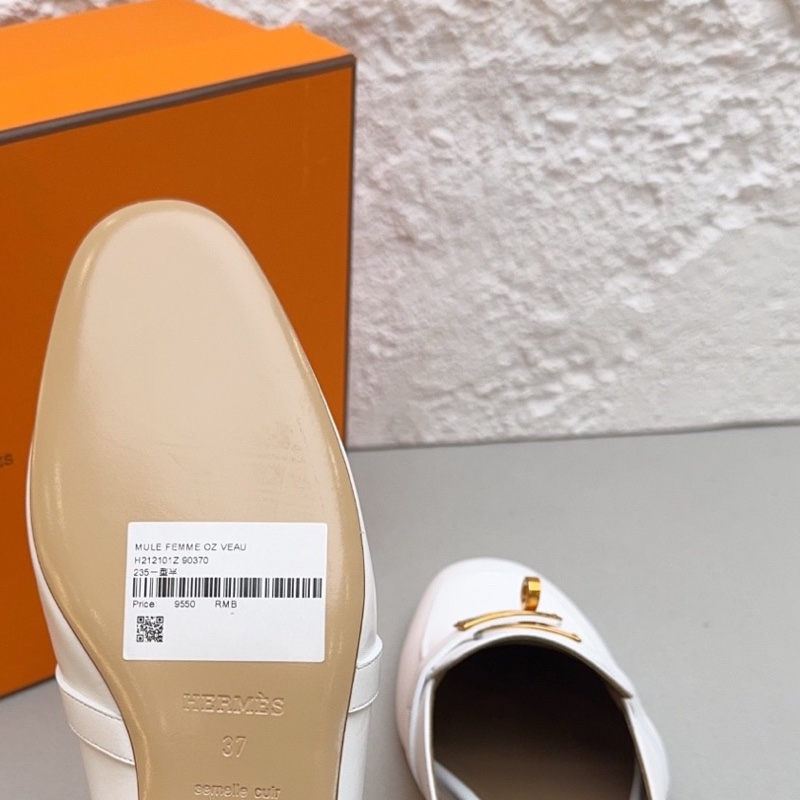 閒置新 未使用Hermes/愛馬仕kelly金扣b刻 白色半拖鞋37碼 配件塵袋 包裝盒-6