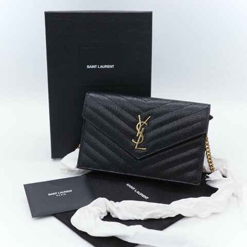 Saint Laurent  聖羅蘭 經典山型紋 黑色 小牛皮鍊帶錢包 肩背包 鍊條包