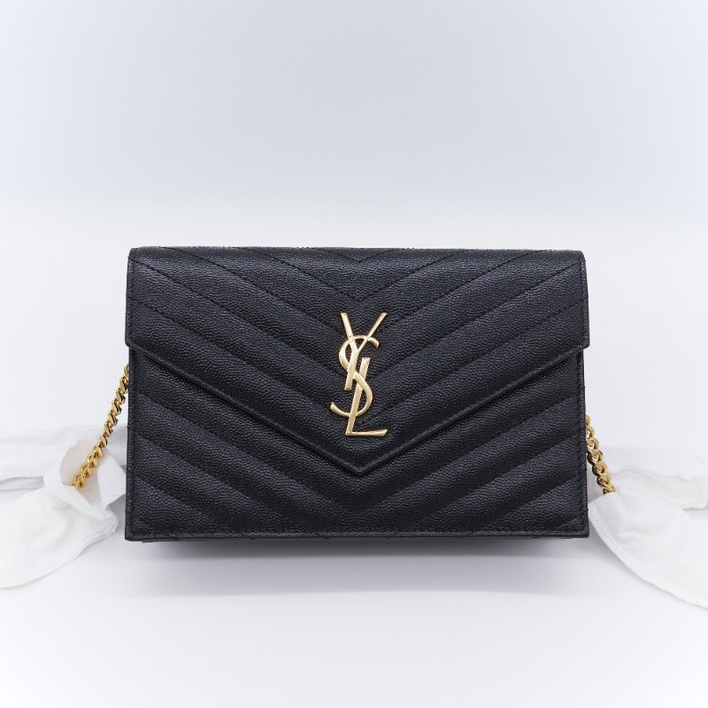 Saint Laurent 聖羅蘭 經典山型紋 黑色 小牛皮鍊帶錢包 肩背包 鍊條包-1