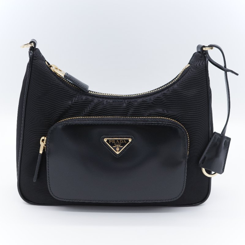 Prada普拉達 Re-Nylon 黑色 尼龍 拋光牛皮拉鍊外袋 半月形手提包斜背兩用包-1