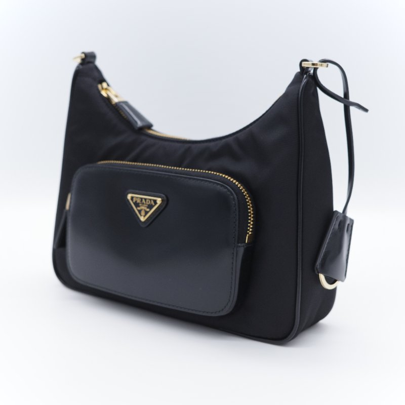 Prada普拉達 Re-Nylon 黑色 尼龍 拋光牛皮拉鍊外袋 半月形手提包斜背兩用包-3