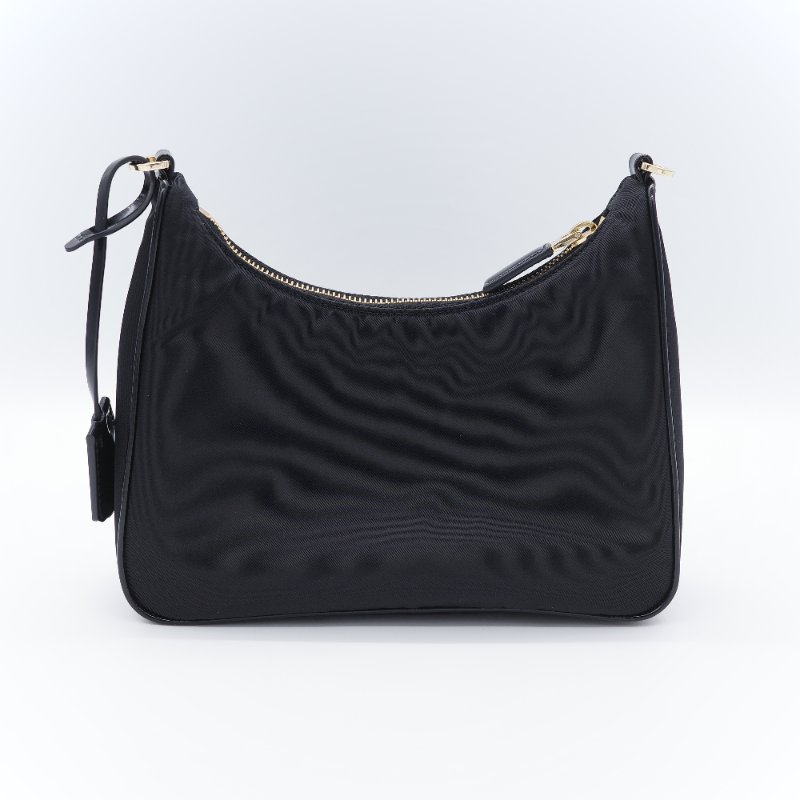 Prada普拉達 Re-Nylon 黑色 尼龍 拋光牛皮拉鍊外袋 半月形手提包斜背兩用包-4