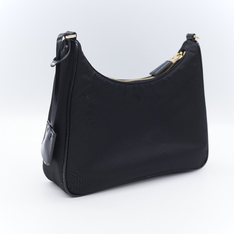 Prada普拉達 Re-Nylon 黑色 尼龍 拋光牛皮拉鍊外袋 半月形手提包斜背兩用包-5