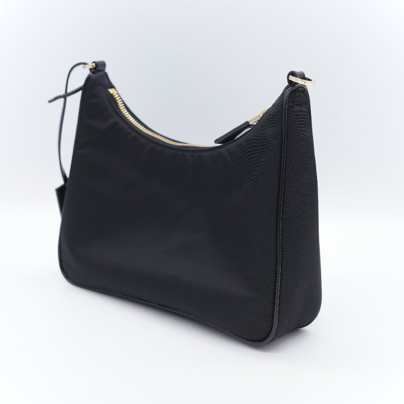 Prada普拉達 Re-Nylon 黑色 尼龍 拋光牛皮拉鍊外袋 半月形手提包斜背兩用包-6