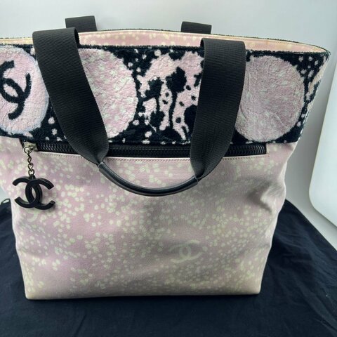 CHANEL 粉黑拼色帆布托特包
