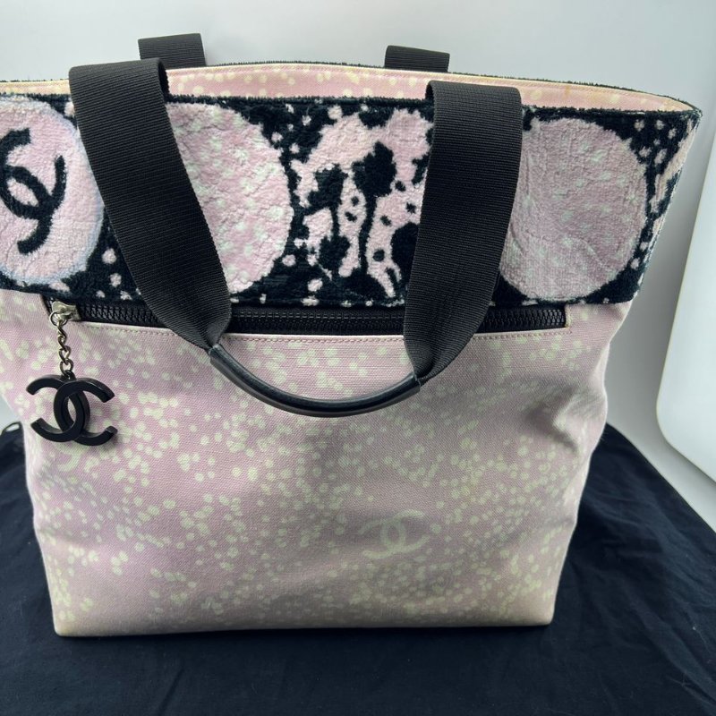 CHANEL 粉黑拼色帆布托特包-0