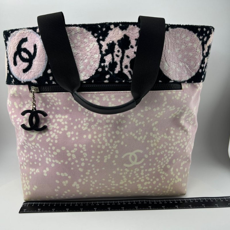 CHANEL 粉黑拼色帆布托特包-5