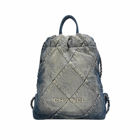 Chanel 22Bag牛仔褲拼色字母Logo雙肩包