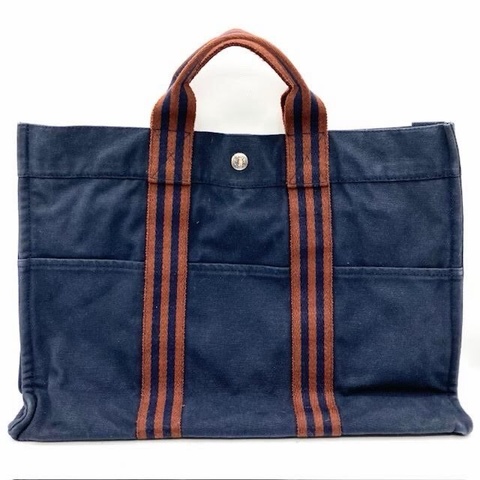 真品 愛馬仕 Hermes 托特包 Foul Tou MM 海軍藍帶棕色條紋