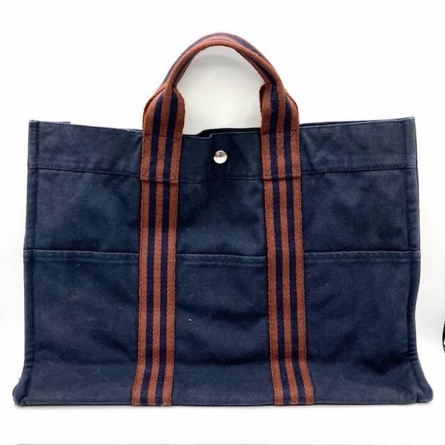 真品 愛馬仕 Hermes 托特包 Foul Tou MM 海軍藍帶棕色條紋-1