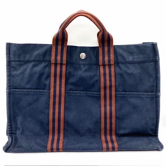 真品 愛馬仕 Hermes 托特包 Foul Tou MM 海軍藍帶棕色條紋-9