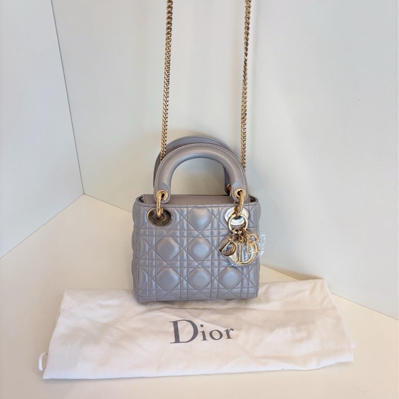 【99新閒置🆕】Dior lady dior三格灰金扣戴妃包 手提包 斜挎包 單肩包-6
