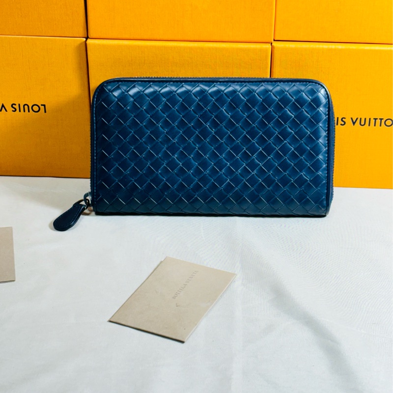 ✨近新閒置 BV bottega Veneta 質感深藍編織拉鏈8卡零錢袋長夾-2