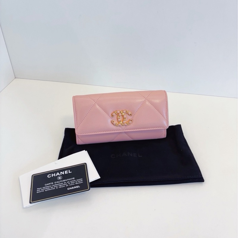【閒置品🆕】Chanel 19bag系列粉色大菱格金扣翻蓋長錢包-0