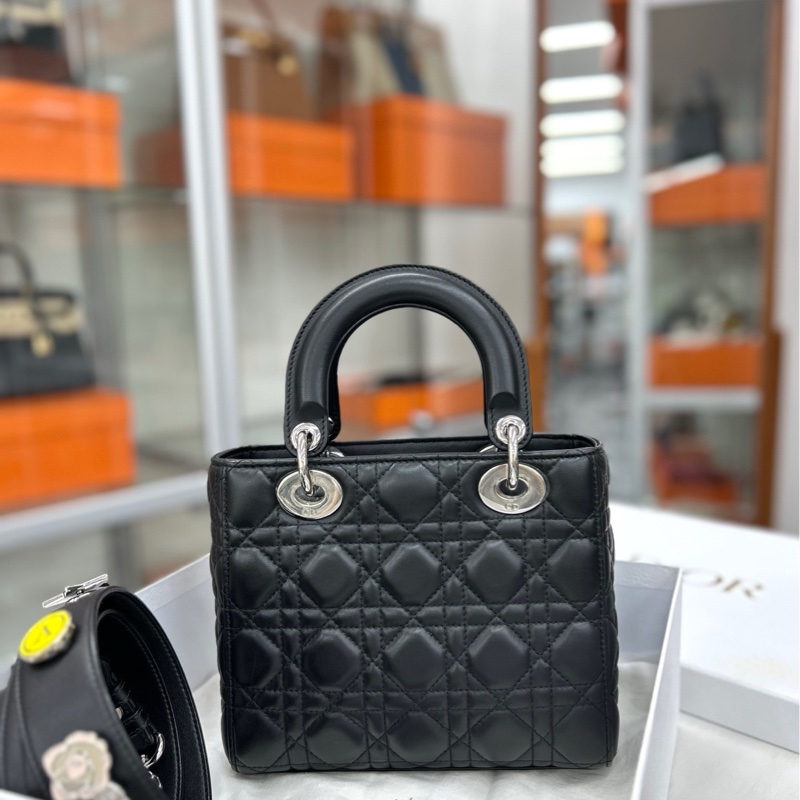 【98新】 Dior 黑銀徽章肩帶 四格戴妃 手提包單肩包斜挎包-1