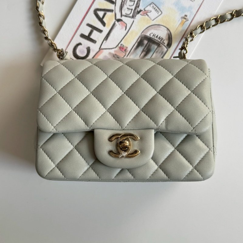 🥰99成新 閒置未用 Chanel 灰藍色金雙C小方胖-0
