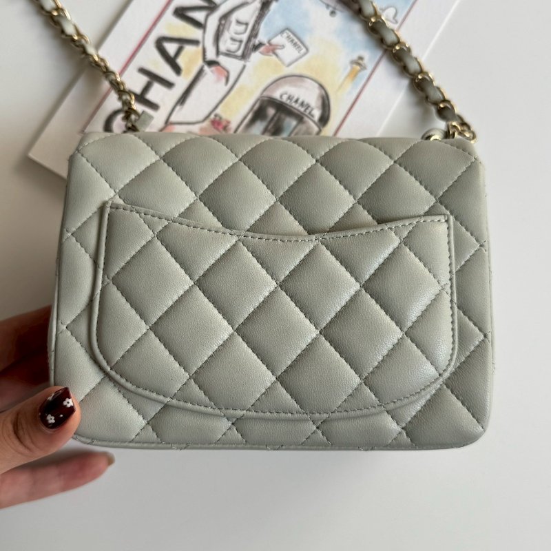 🥰99成新 閒置未用 Chanel 灰藍色金雙C小方胖-1