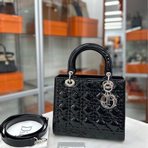 【99新】Dior 黑銀漆皮五格戴妃手提包 斜挎包 單肩包